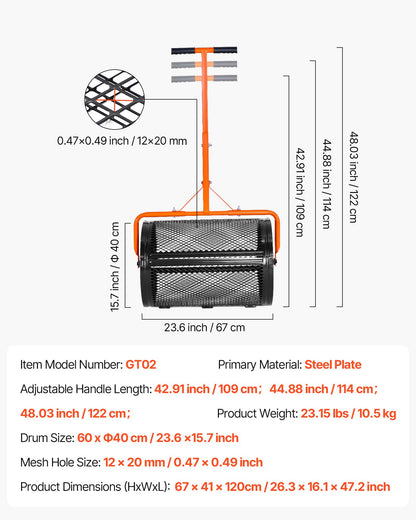 Kompoststreuer, 61 cm breiter Torfstreuer mit T-förmigem Griff, 3-fach höhenverstellbar, pulverbeschichtete Stahl-Gartentorfwalze, robuster Rasensamenstreuer zum Pflanzen und Aussäen