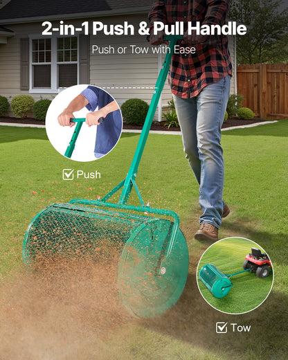 Compost Spreader, 24 in Wide Peat Moss Spreader with Push/Tow Handle, 4 Heights Adjustable, Powder-Coated Steel Garden Peat Moss Roller, Heavy Duty Grass Seed Spreaders for Planting Seeding