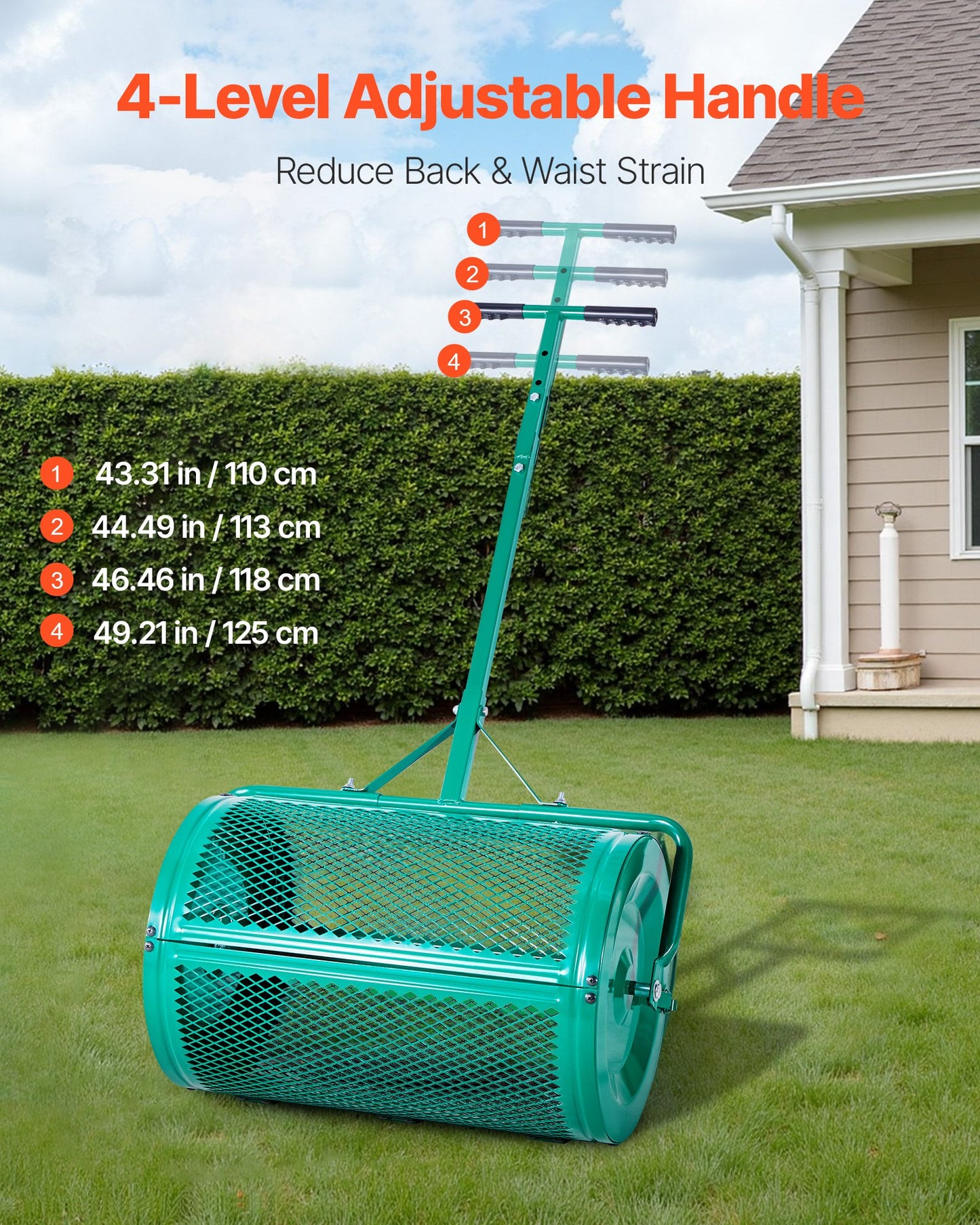 Compost Spreader, 24 in Wide Peat Moss Spreader with Push/Tow Handle, 4 Heights Adjustable, Powder-Coated Steel Garden Peat Moss Roller, Heavy Duty Grass Seed Spreaders for Planting Seeding