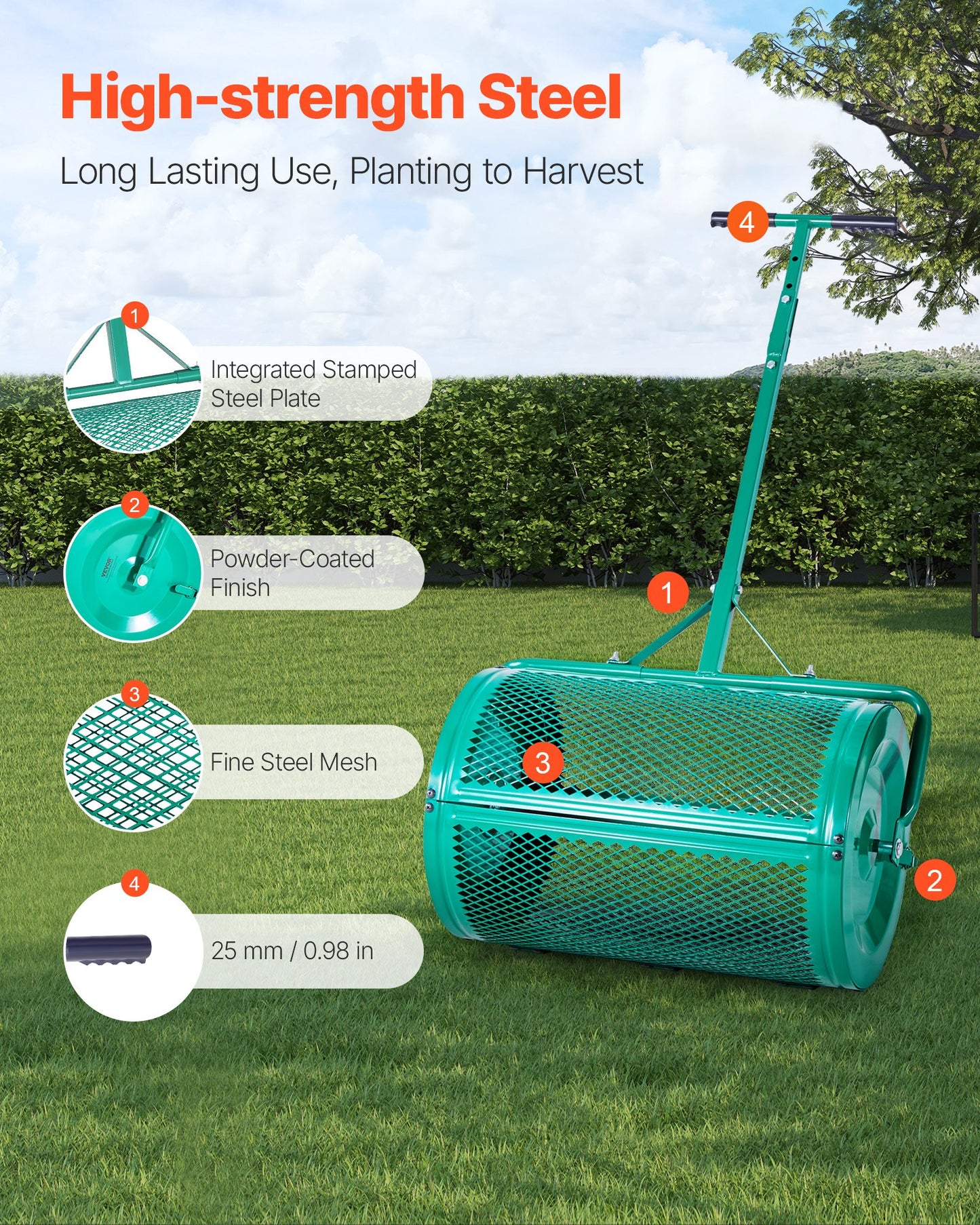 Compost Spreader, 24 in Wide Peat Moss Spreader with Push/Tow Handle, 4 Heights Adjustable, Powder-Coated Steel Garden Peat Moss Roller, Heavy Duty Grass Seed Spreaders for Planting Seeding