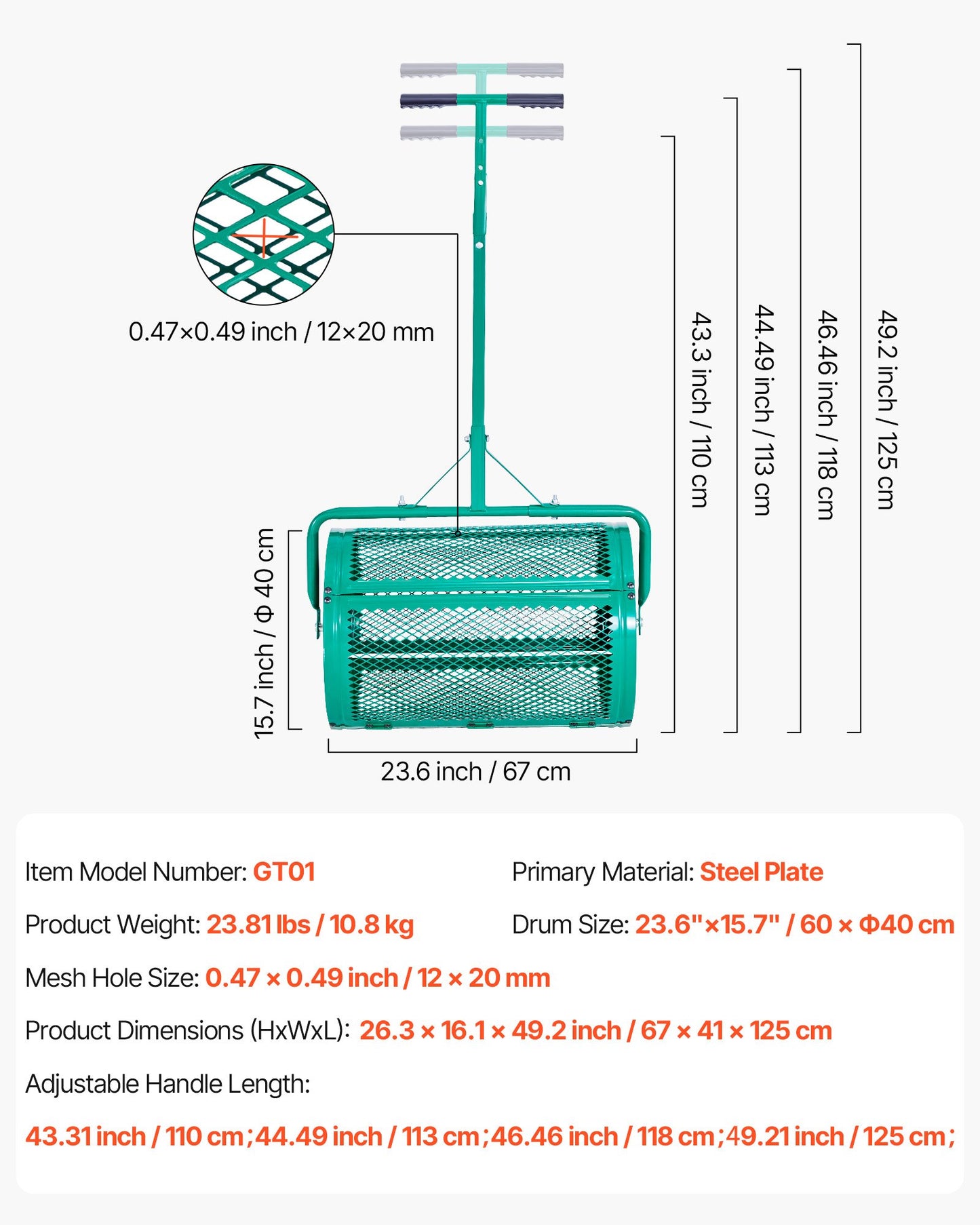 Compost Spreader, 24 in Wide Peat Moss Spreader with Push/Tow Handle, 4 Heights Adjustable, Powder-Coated Steel Garden Peat Moss Roller, Heavy Duty Grass Seed Spreaders for Planting Seeding