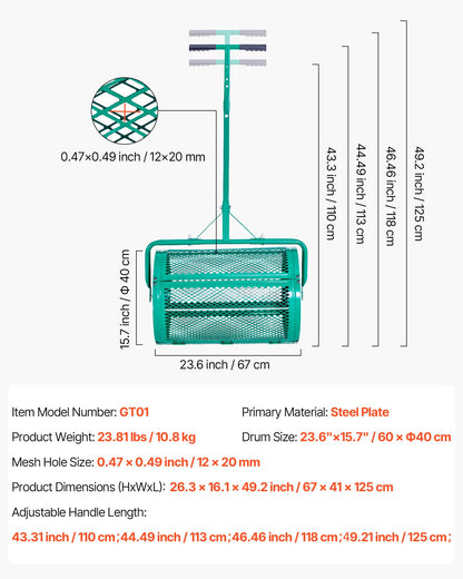 Compost Spreader, 24 in Wide Peat Moss Spreader with Push/Tow Handle, 4 Heights Adjustable, Powder-Coated Steel Garden Peat Moss Roller, Heavy Duty Grass Seed Spreaders for Planting Seeding
