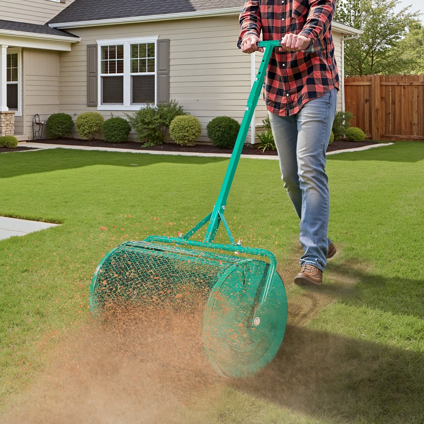 Compost Spreader, 24 in Wide Peat Moss Spreader with Push/Tow Handle, 4 Heights Adjustable, Powder-Coated Steel Garden Peat Moss Roller, Heavy Duty Grass Seed Spreaders for Planting Seeding