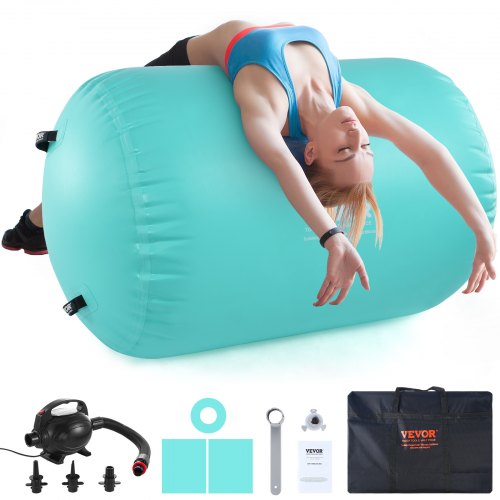 Air Mat Tumble Track Air Spot, Round Inflatable Air Roller, Air Barrel Gymnastic Equipment with Electric Pump, Tumbling Backbend Trainer for Home Use/Gym/Yoga/Cheerleading/Park/Water, Mint Green