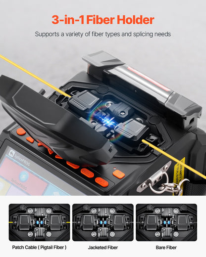 Fiber Fusion Splicer 6 Motors, Core & Clad Alignment Fibers Optic Splicer with 6s Fast Splicing and 13s Heating, 5" LCD Screen, 3 in 1 Fiber Holder, 7800mAh Battery for SM MM DS NZDS Fibers