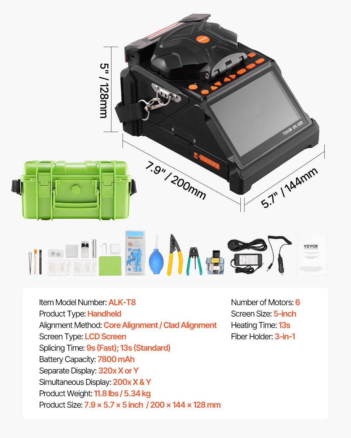 Fiber Fusion Splicer 6 Motors, Core & Clad Alignment Fibers Optic Splicer with 6s Fast Splicing and 13s Heating, 5" LCD Screen, 3 in 1 Fiber Holder, 7800mAh Battery for SM MM DS NZDS Fibers