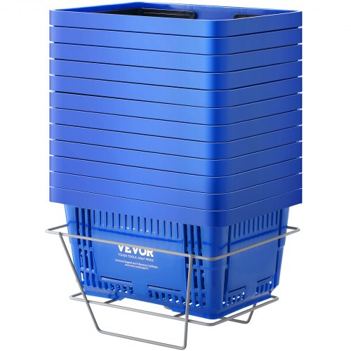 Shopping Basket, Set of 12, 24L Durable Plastic Grocery Basket with Handle and Stand, 16.73 x 11.61 x 8.86 inch Portable Shop Basket Bulk Used for Retail Store Supermarket Grocery Shopping, Blue