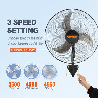 Wall Fan, 19 inch Oscillating Wall Fan, 4650 CFM, 3 Speeds, Commercial or Residential Fan for Cooling Warehouse, Greenhouse, Workshop, Patio, Basement, Black