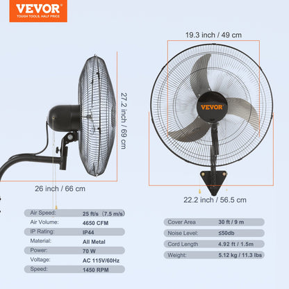 Wall Fan, 19 inch Oscillating Wall Fan, 4650 CFM, 3 Speeds, Commercial or Residential Fan for Cooling Warehouse, Greenhouse, Workshop, Patio, Basement, Black