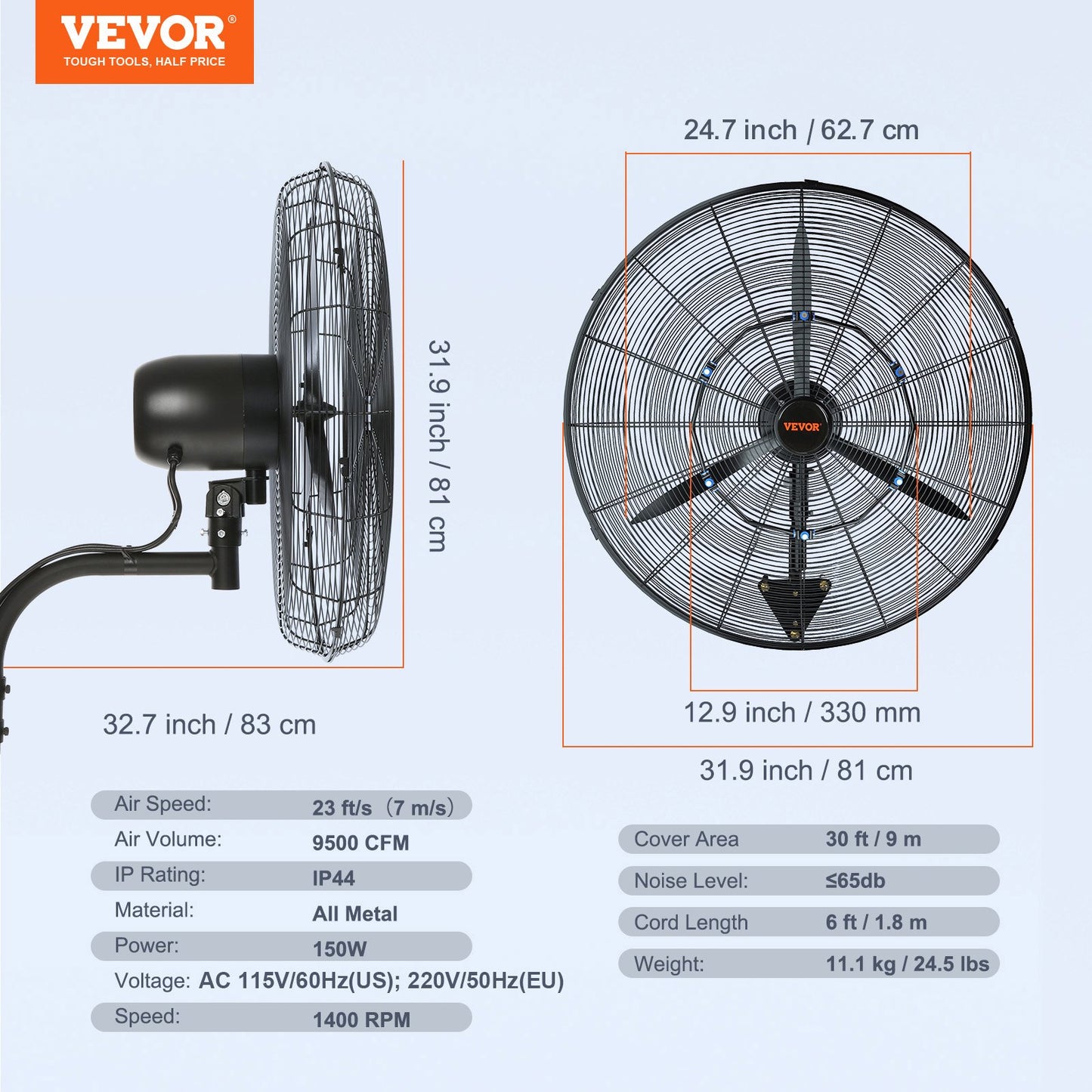 Mist Fan, 29.5 inch Waterproof Industrial Fan, 3 Speeds, 9500 CFM, Commercial or Residential Fan for Cooling Warehouse, Greenhouse, Workshop