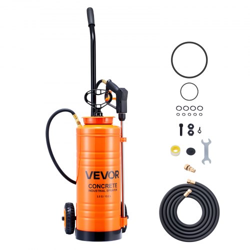 Industrial Concrete Sprayer with Wheeled Cart, 14L Stainless Steel Sprayer, Heavy Duty Tri-Poxy Pump Sprayers, 52cm Wand, 1.2m & 3m Hoses, 2 Brass Nozzles for Construction, Lawn & Garden