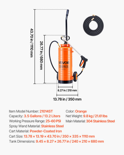 Industrial Concrete Sprayer with Wheeled Cart, 14L Stainless Steel Sprayer, Heavy Duty Tri-Poxy Pump Sprayers, 52cm Wand, 1.2m & 3m Hoses, 2 Brass Nozzles for Construction, Lawn & Garden