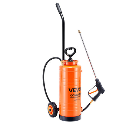 Industrial Concrete Sprayer with Wheeled Cart, 14L Stainless Steel Sprayer, Heavy Duty Tri-Poxy Pump Sprayers, 52cm Wand, 1.2m & 3m Hoses, 2 Brass Nozzles for Construction, Lawn & Garden