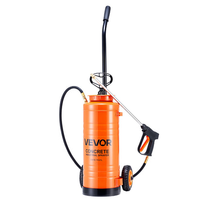 Industrial Concrete Sprayer with Wheeled Cart, 14L Stainless Steel Sprayer, Heavy Duty Tri-Poxy Pump Sprayers, 52cm Wand, 1.2m & 3m Hoses, 2 Brass Nozzles for Construction, Lawn & Garden