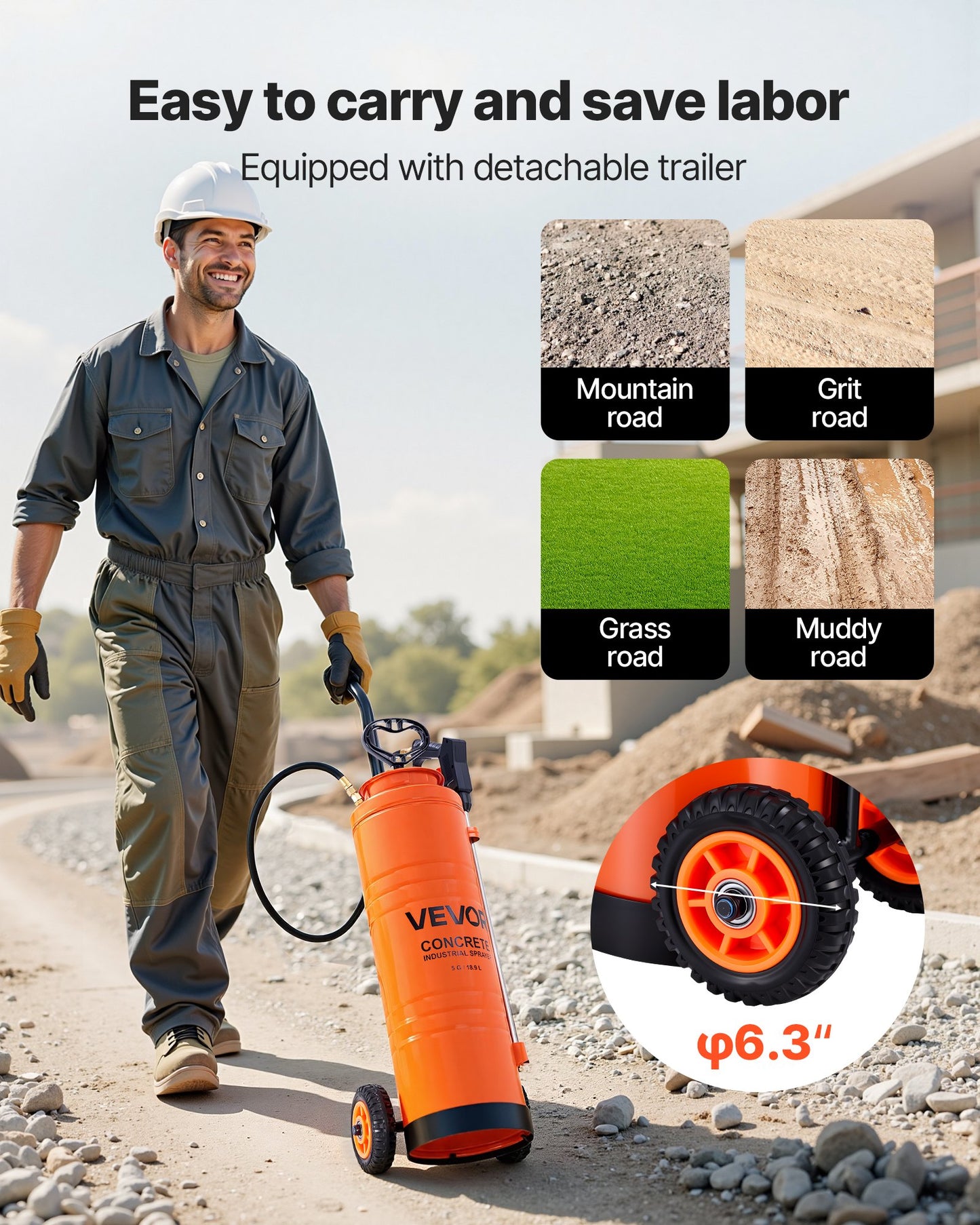 Industrielles Betonspritzgerät mit Rollwagen, 19-Liter-Edelstahlspritze, robuste Dreifach-Poxy-Pumpenspritze, 52-cm-Sprühlanze, 1,2 m und 3 m Schläuche, 2 Messingdüsen für Bauwesen, Gartenarbeit und Landschaftspflege