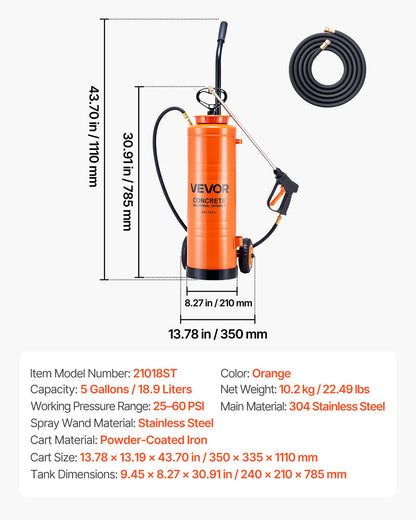Industrielles Betonspritzgerät mit Rollwagen, 19-Liter-Edelstahlspritze, robuste Dreifach-Poxy-Pumpenspritze, 52-cm-Sprühlanze, 1,2 m und 3 m Schläuche, 2 Messingdüsen für Bauwesen, Gartenarbeit und Landschaftspflege