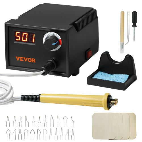 Wood Burning Kit, 200~700°C Adjustable Temperature with Display, Wood Burner with 1 Pyrography Pen, 23 Wire Nibs, 1 Pen Holder, 4 Wood Chip, 1 Screwdriver, 1 Tweezers, 1 Craft Knife,1 Sponge