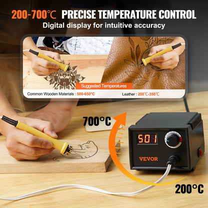 Wood Burning Kit, 200~700°C Adjustable Temperature with Display, Wood Burner with 1 Pyrography Pen, 23 Wire Nibs, 1 Pen Holder, 4 Wood Chip, 1 Screwdriver, 1 Tweezers, 1 Craft Knife,1 Sponge