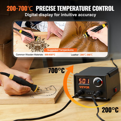 Wood Burning Kit, 200~700°C Adjustable Temperature with Display, Dual Output Port with 2 Pyrography Pens, 23 Wire Nibs, 1 Pen Holder, 4 Wood Chip, 1 Screwdriver, 1 Tweezers, 1 Knife, 1 Sponge