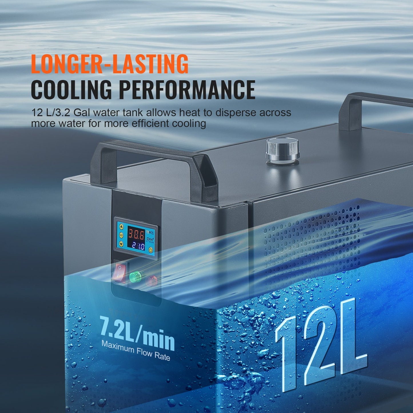 Industrial Water Chiller, KH-6000, 200W Industrial Water Cooler Cooling System with Compressor 12 L Water Tank Capacity 7.8 L/min Max Flow Rate, for CO2 Laser Engraving Machine Cooling Machine