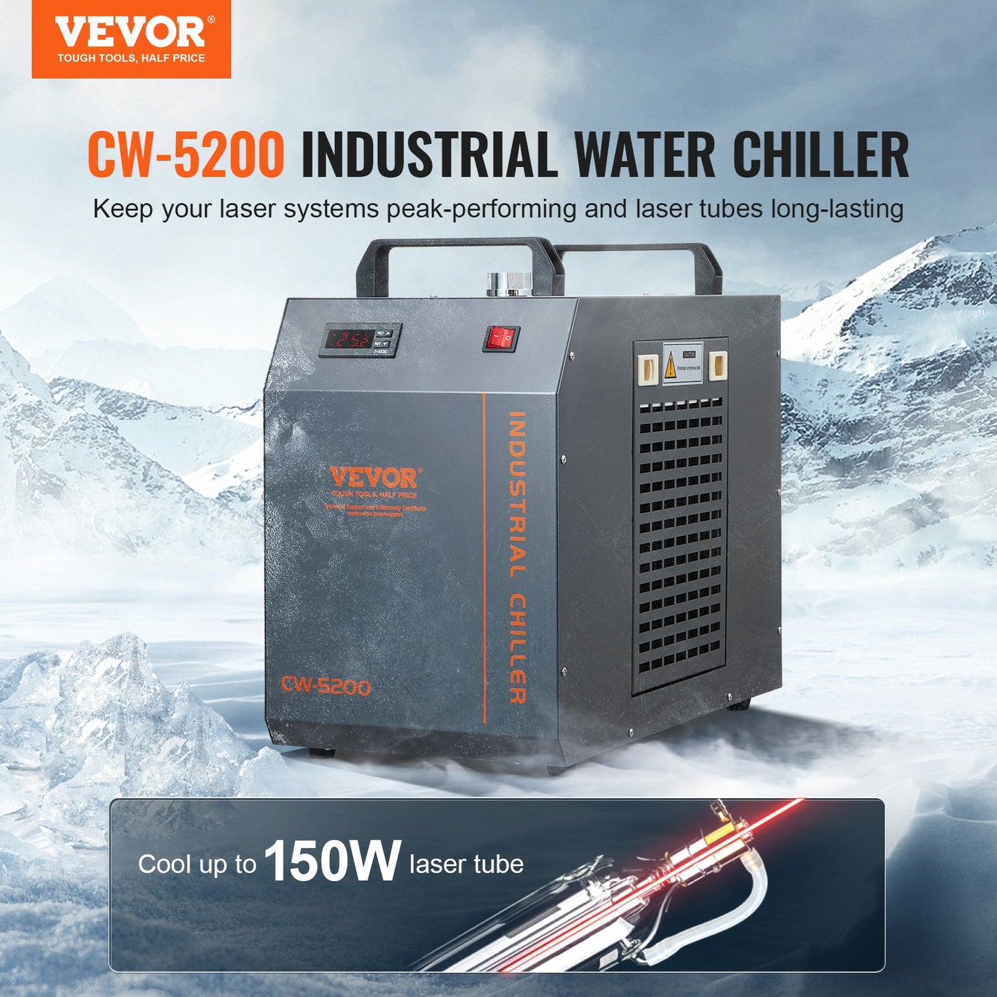 Industrial Water Chiller, CW-5202, Industrial Water Cooler Cooling System with Built-in Compressor 7L Water Tank Capacity 18 L/min Max Flow Rate, for CO2 Laser Engraving Machine Cooling Machine