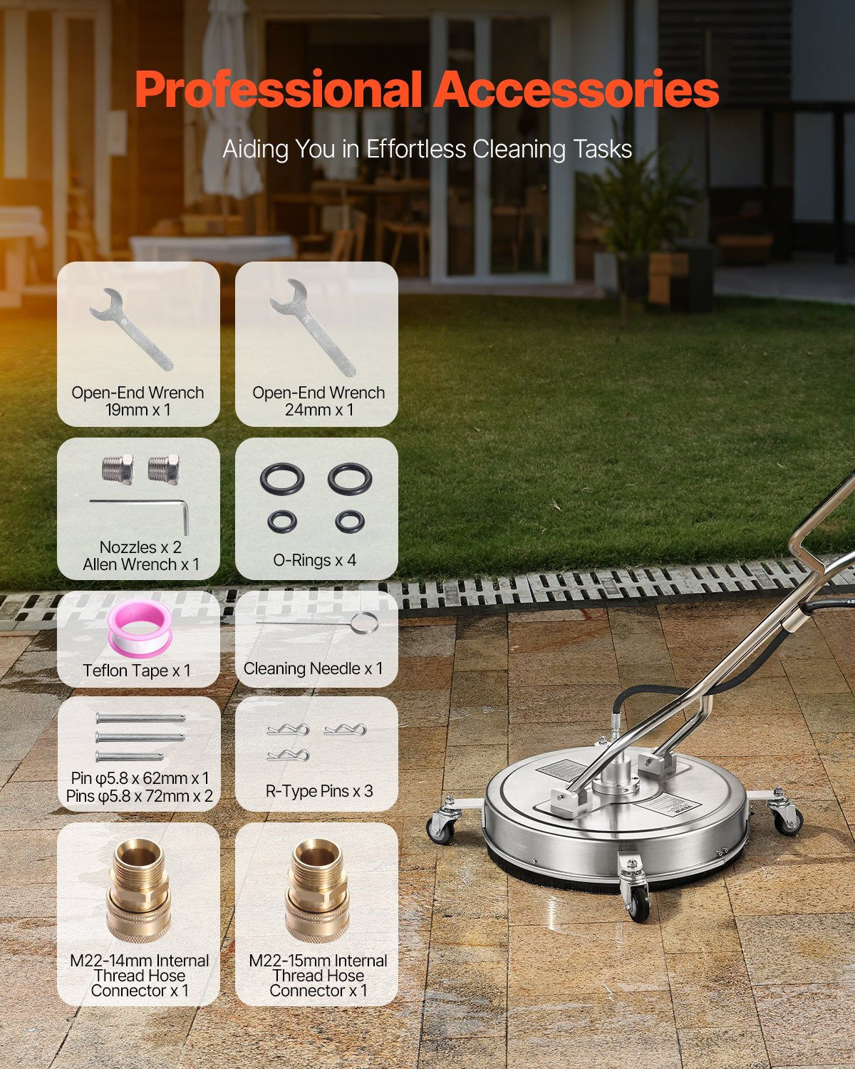 22" Pressure Washer Surface Cleaner, Stainless Steel Pressure Washer Attachments with 4 Wheels, 4500 Max PSI, 3/8 Quick Connector, 2 Spray Nozzles, Dual Handle, for Concrete, Patio, Sidewalk