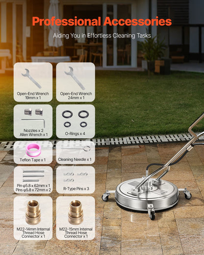 22" Pressure Washer Surface Cleaner, Stainless Steel Pressure Washer Attachments with 4 Wheels, 4500 Max PSI, 3/8 Quick Connector, 2 Spray Nozzles, Dual Handle, for Concrete, Patio, Sidewalk