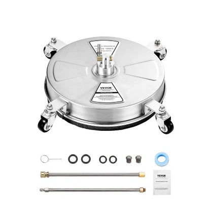 15" Pressure Washer Surface Cleaner, Stainless Steel Pressure Washer Attachments with 4 Wheels, 4000 Max PSI, 1/4 Quick Connector, 2 Spray Nozzles, 2 Extended Wands for Concrete, Patio, Deck