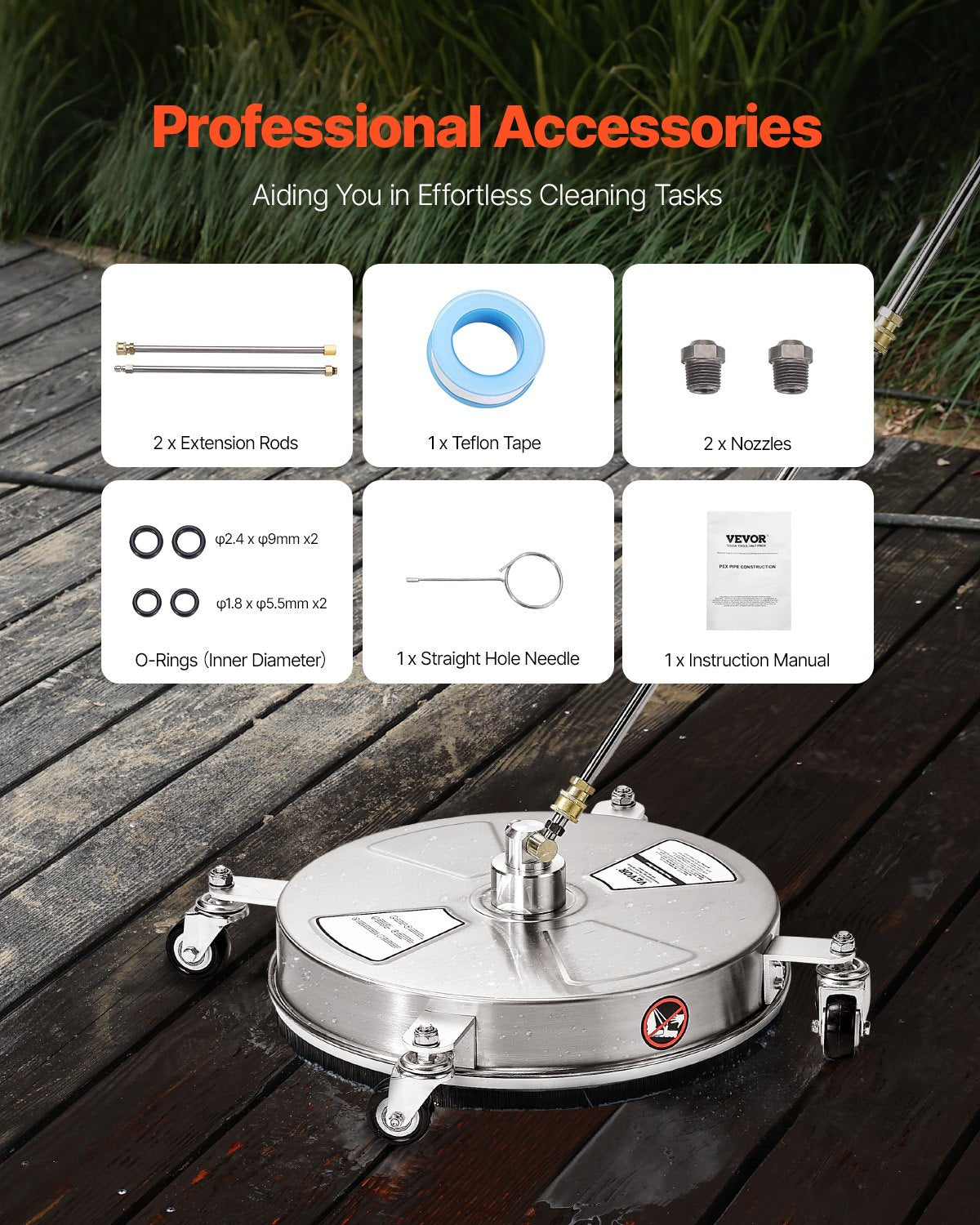 15" Pressure Washer Surface Cleaner, Stainless Steel Pressure Washer Attachments with 4 Wheels, 4000 Max PSI, 1/4 Quick Connector, 2 Spray Nozzles, 2 Extended Wands for Concrete, Patio, Deck