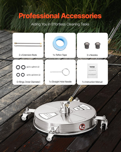 15" Pressure Washer Surface Cleaner, Stainless Steel Pressure Washer Attachments with 4 Wheels, 4000 Max PSI, 1/4 Quick Connector, 2 Spray Nozzles, 2 Extended Wands for Concrete, Patio, Deck