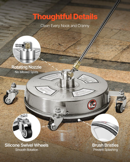 14" Pressure Washer Surface Cleaner, Stainless Steel Pressure Washer Attachments with 4 Wheels, 4000 Max PSI, 1/4 Quick Connector, 2 Spray Nozzles, 2 Extended Wands for Concrete, Patio, Deck
