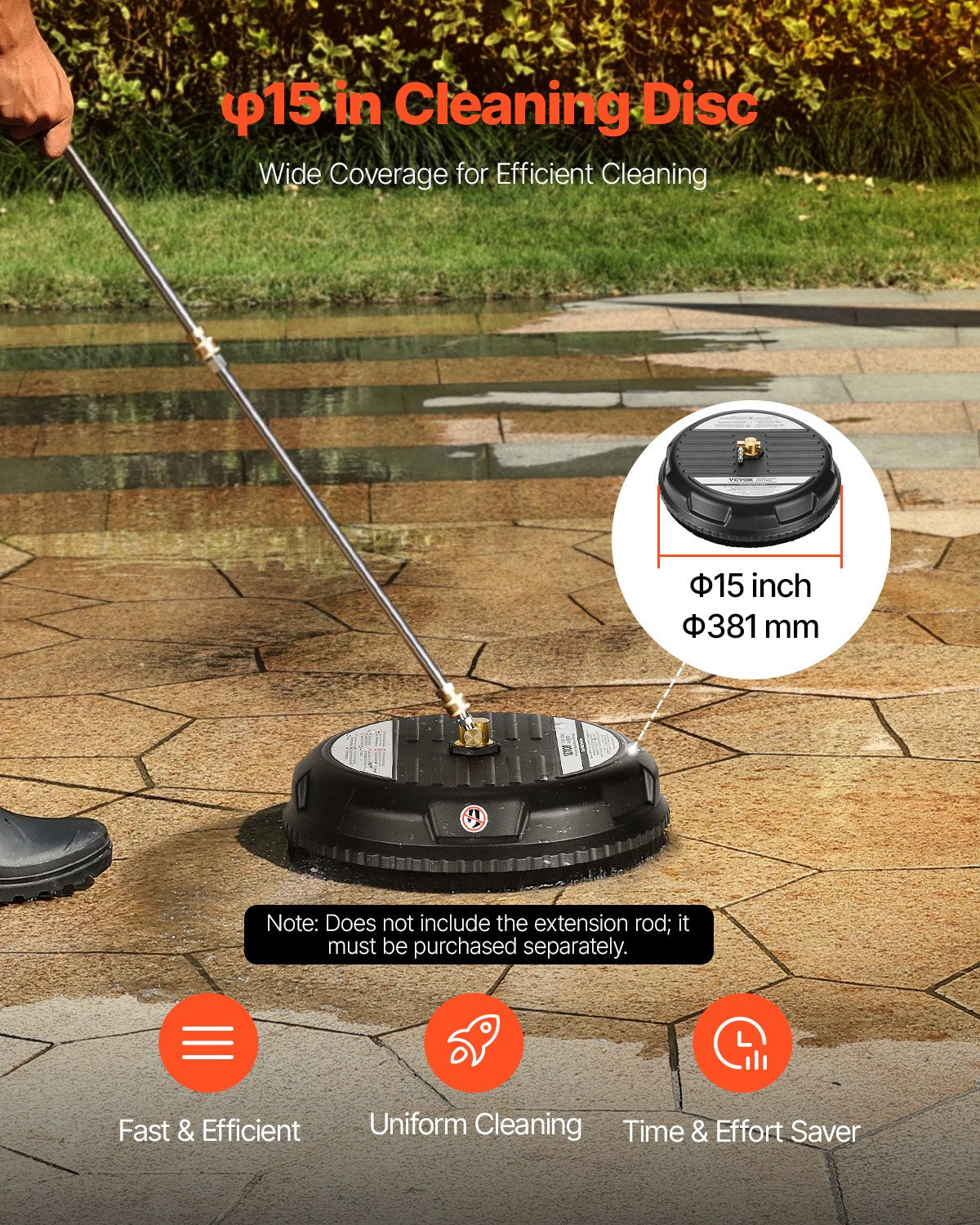 15" Pressure Washer Surface Cleaner, Plastic Pressure Washer Attachments with 4 Wheels, 4000 Max PSI, 1/4 Quick Connector, 2 Spray Nozzles, Ideal for Driveways, Sidewalks, Patios, Decks, Black