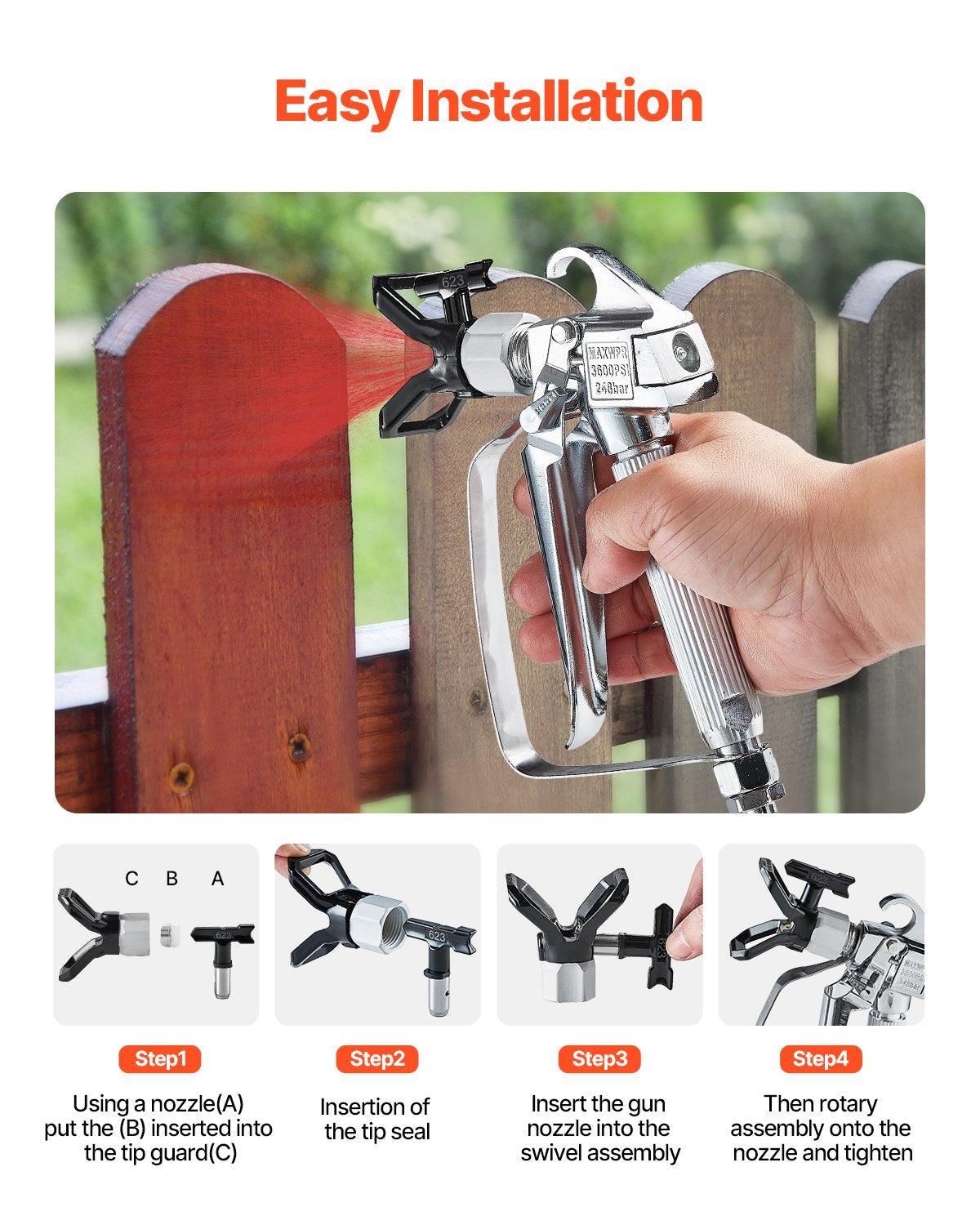 Airless Paint Spray Gun, 3600PSI High Pressure Airless Paint Sprayer Gun with 5 Tips, 211, 315, 417, 517, 623, Swivel Joint Airless Spray Gun Kit with Filters, Cleaning Needle and Brush