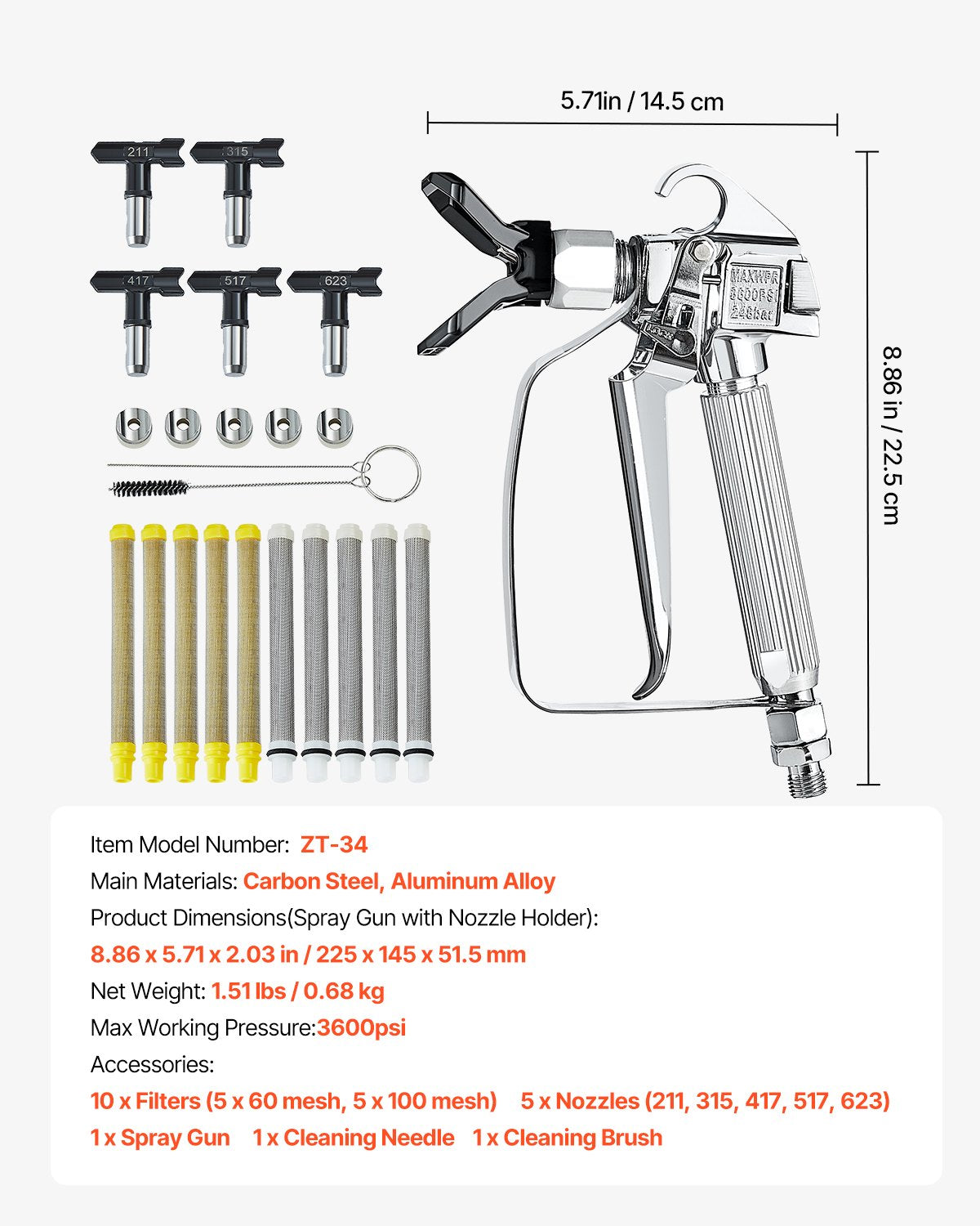Airless Paint Spray Gun, 3600PSI High Pressure Airless Paint Sprayer Gun with 5 Tips, 211, 315, 417, 517, 623, Swivel Joint Airless Spray Gun Kit with Filters, Cleaning Needle and Brush