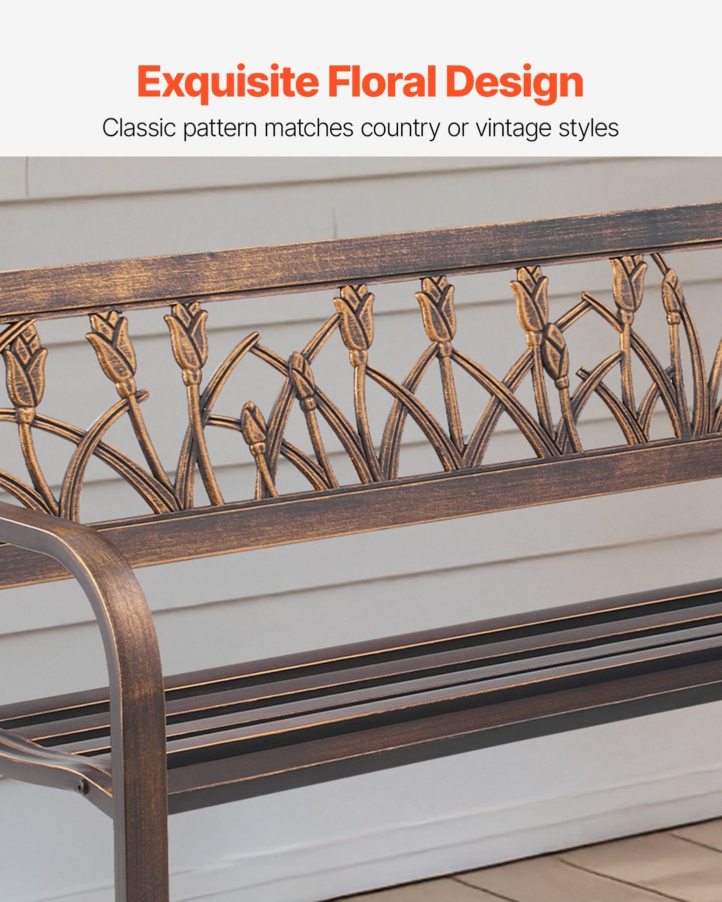 Gartenbank, 127 cm, Gestell aus Kohlenstoffstahl mit PVC-Rückenlehne mit Blumenmuster und abgerundeten Armlehnen, wetterfest, für Terrasse, Garten, Park, Hof, Veranda, Antikbronze