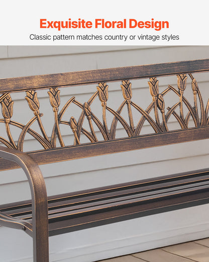 Gartenbank, 127 cm, Gestell aus Kohlenstoffstahl mit PVC-Rückenlehne mit Blumenmuster und abgerundeten Armlehnen, wetterfest, für Terrasse, Garten, Park, Hof, Veranda, Antikbronze