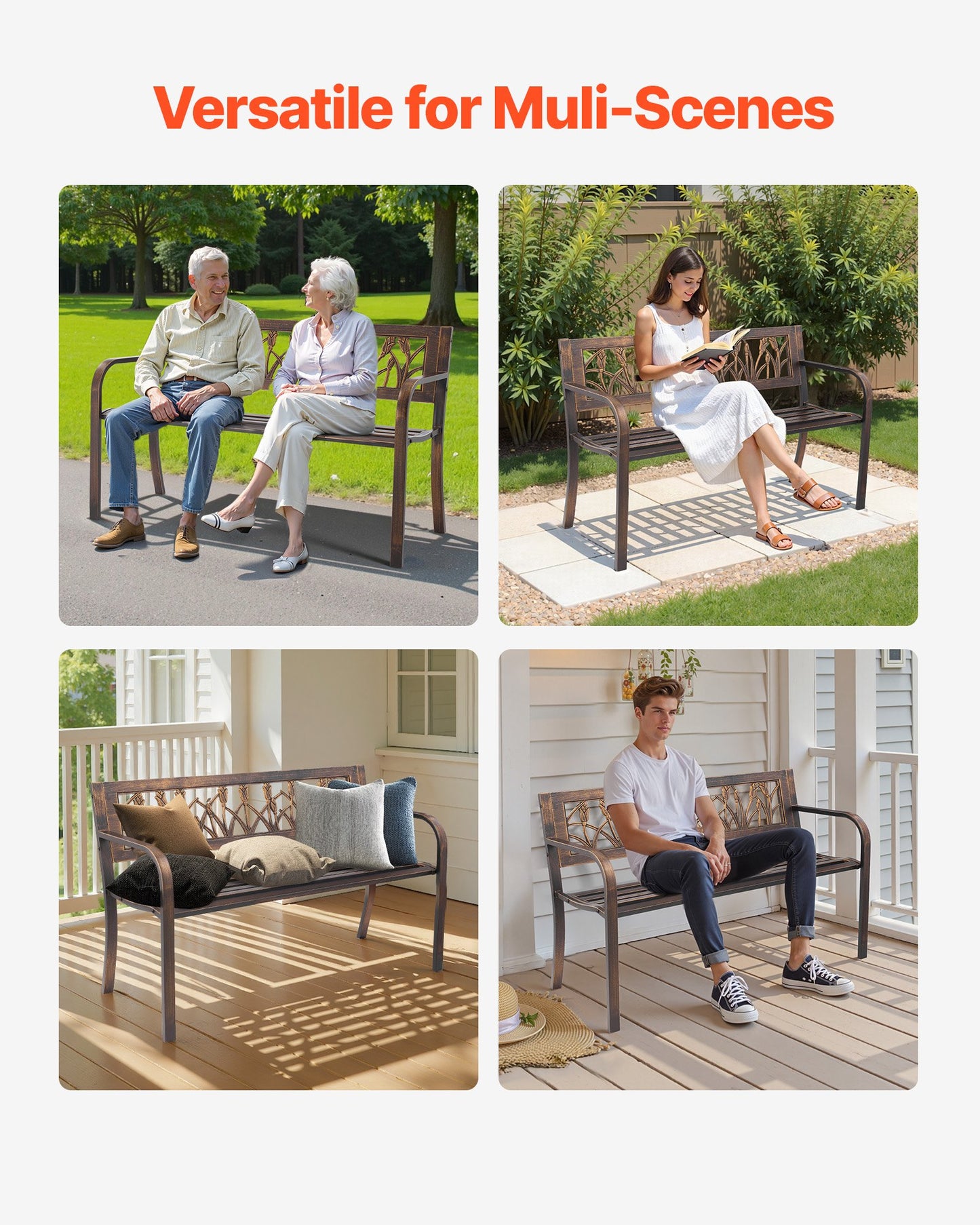 Gartenbank, 127 cm, Gestell aus Kohlenstoffstahl mit PVC-Rückenlehne mit Blumenmuster und abgerundeten Armlehnen, wetterfest, für Terrasse, Garten, Park, Hof, Veranda, Antikbronze