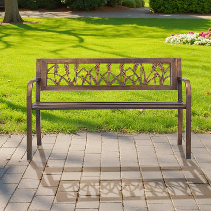 Gartenbank, 127 cm, Gestell aus Kohlenstoffstahl mit PVC-Rückenlehne mit Blumenmuster und abgerundeten Armlehnen, wetterfest, für Terrasse, Garten, Park, Hof, Veranda, Antikbronze