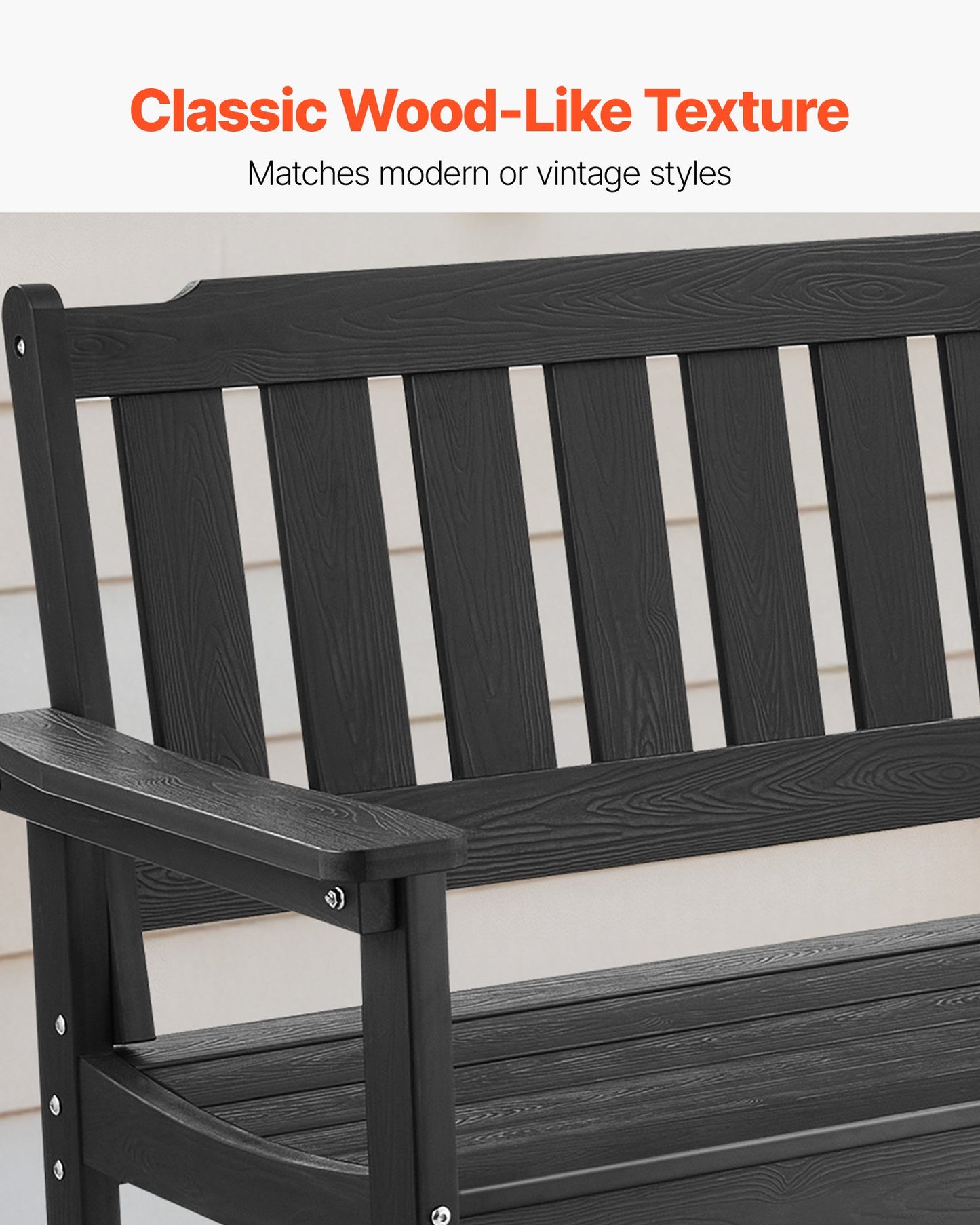 Gartenbank, 128 cm, Tragkraft 363 kg, für 2–3 Personen, wetterfestes Kunststoffgestell mit Rückenlehne und breiten Armlehnen, geeignet für Terrasse, Garten, Park, Hof und Veranda, Schwarz