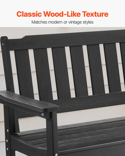 Gartenbank, 128 cm, Tragkraft 363 kg, für 2–3 Personen, wetterfestes Kunststoffgestell mit Rückenlehne und breiten Armlehnen, geeignet für Terrasse, Garten, Park, Hof und Veranda, Schwarz