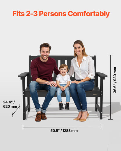 Gartenbank, 128 cm, Tragkraft 363 kg, für 2–3 Personen, wetterfestes Kunststoffgestell mit Rückenlehne und breiten Armlehnen, geeignet für Terrasse, Garten, Park, Hof und Veranda, Schwarz