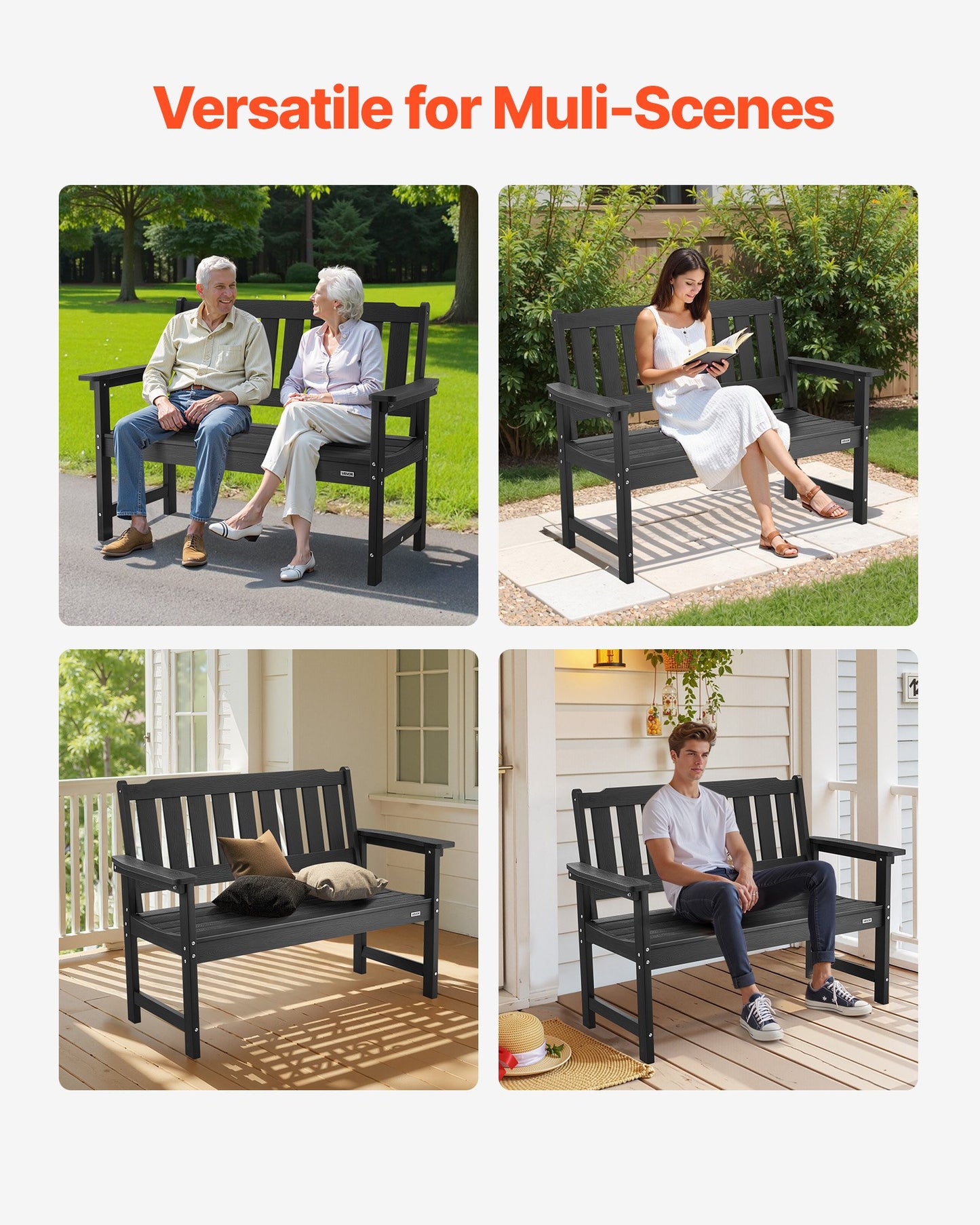 Gartenbank, 128 cm, Tragkraft 363 kg, für 2–3 Personen, wetterfestes Kunststoffgestell mit Rückenlehne und breiten Armlehnen, geeignet für Terrasse, Garten, Park, Hof und Veranda, Schwarz