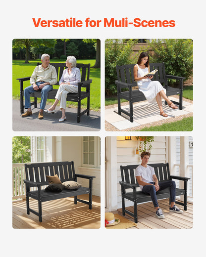 Gartenbank, 128 cm, Tragkraft 363 kg, für 2–3 Personen, wetterfestes Kunststoffgestell mit Rückenlehne und breiten Armlehnen, geeignet für Terrasse, Garten, Park, Hof und Veranda, Schwarz