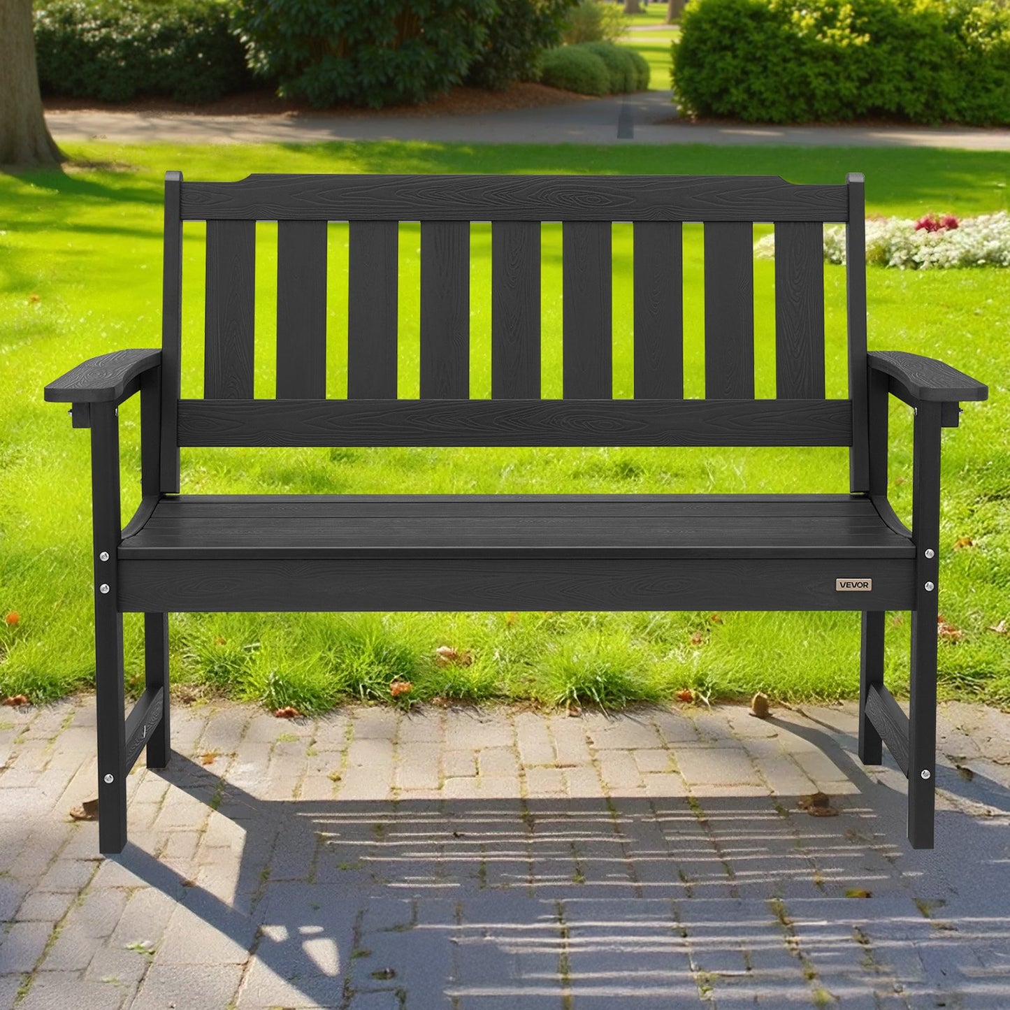 Gartenbank, 128 cm, Tragkraft 363 kg, für 2–3 Personen, wetterfestes Kunststoffgestell mit Rückenlehne und breiten Armlehnen, geeignet für Terrasse, Garten, Park, Hof und Veranda, Schwarz