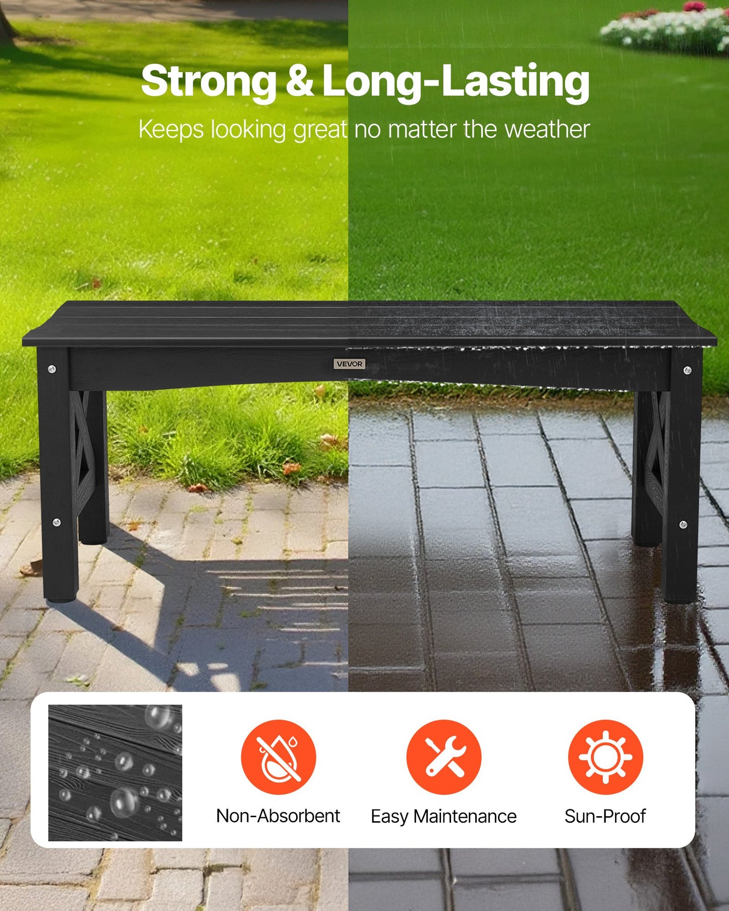 Gartenbank, 113 cm, Tragkraft 272 kg, wetterfestes Kunststoffgestell mit höhenverstellbaren Füßen und stabilen Beinen, geeignet für Terrasse, Garten, Park, Hof und Veranda, Schwarz