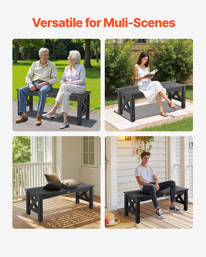 Gartenbank, 113 cm, Tragkraft 272 kg, wetterfestes Kunststoffgestell mit höhenverstellbaren Füßen und stabilen Beinen, geeignet für Terrasse, Garten, Park, Hof und Veranda, Schwarz