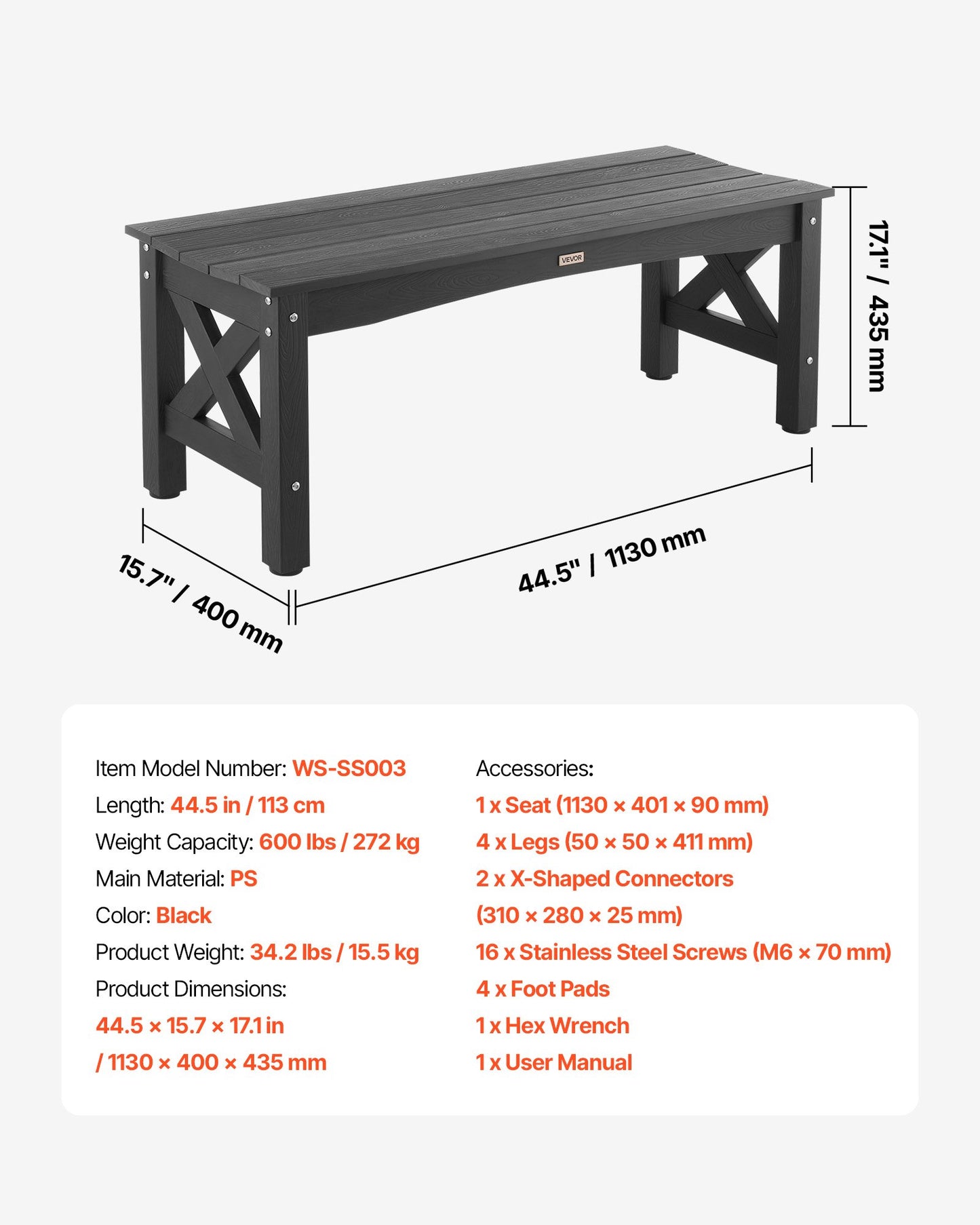 Gartenbank, 113 cm, Tragkraft 272 kg, wetterfestes Kunststoffgestell mit höhenverstellbaren Füßen und stabilen Beinen, geeignet für Terrasse, Garten, Park, Hof und Veranda, Schwarz