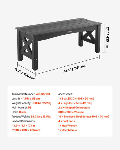 Gartenbank, 113 cm, Tragkraft 272 kg, wetterfestes Kunststoffgestell mit höhenverstellbaren Füßen und stabilen Beinen, geeignet für Terrasse, Garten, Park, Hof und Veranda, Schwarz