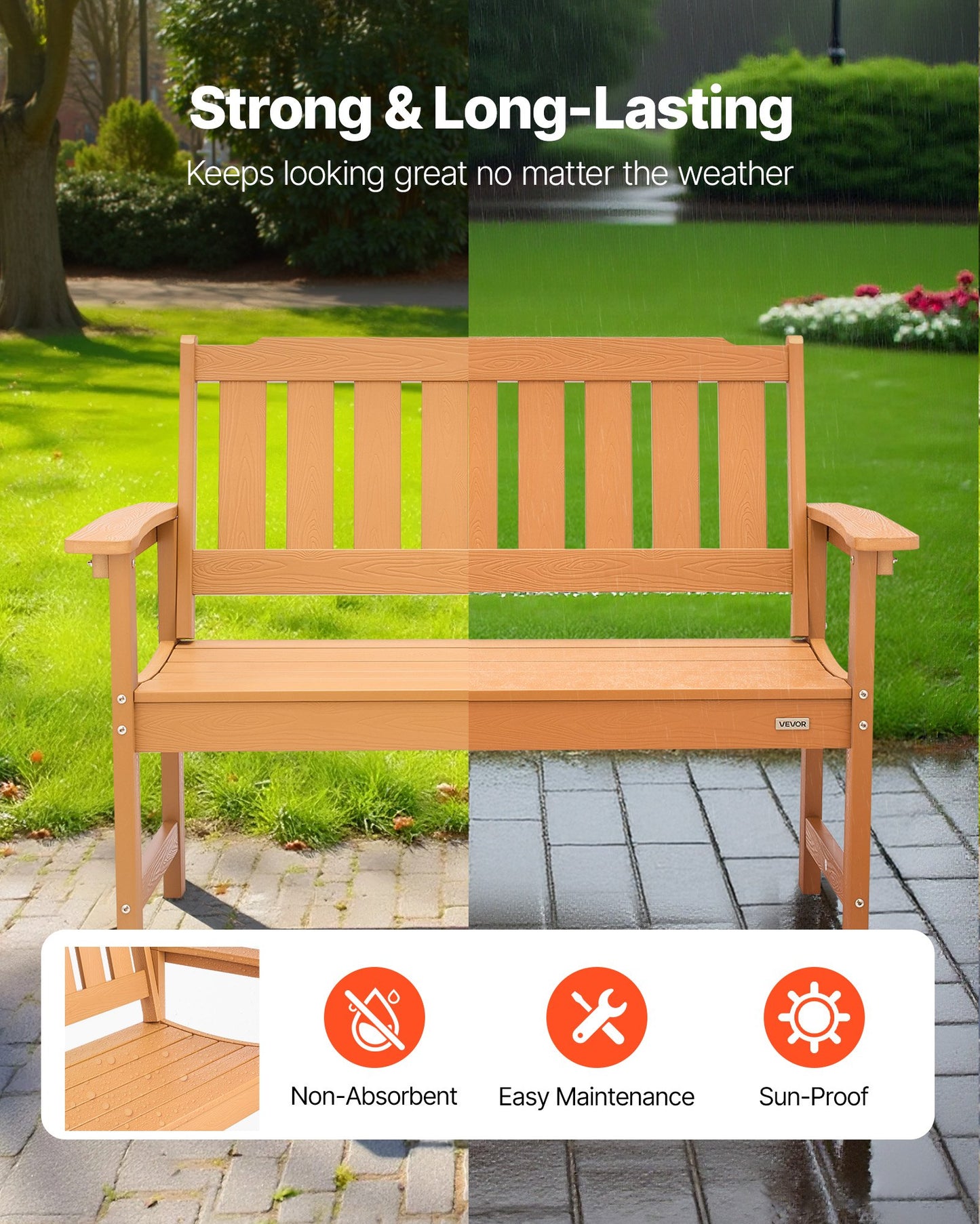 Outdoor Bench, 128 cm, 363 kg Weight Capacity for 2-3 Persons, Weatherproof Plastic Frame with Backrest and Wide Armrests, Outside Bench for Patio, Garden, Park, Yard, Natural Wood Color