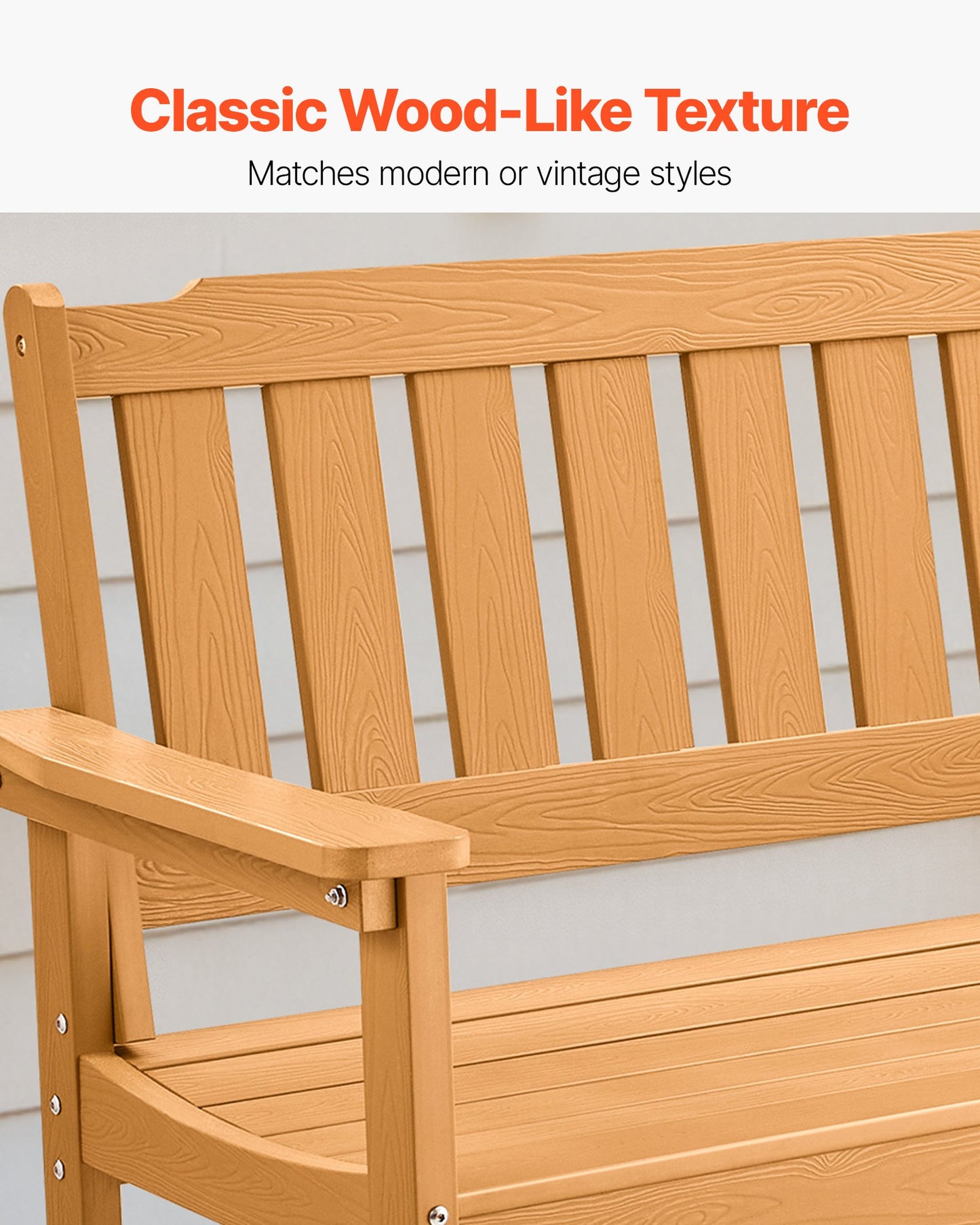 Outdoor Bench, 128 cm, 363 kg Weight Capacity for 2-3 Persons, Weatherproof Plastic Frame with Backrest and Wide Armrests, Outside Bench for Patio, Garden, Park, Yard, Natural Wood Color